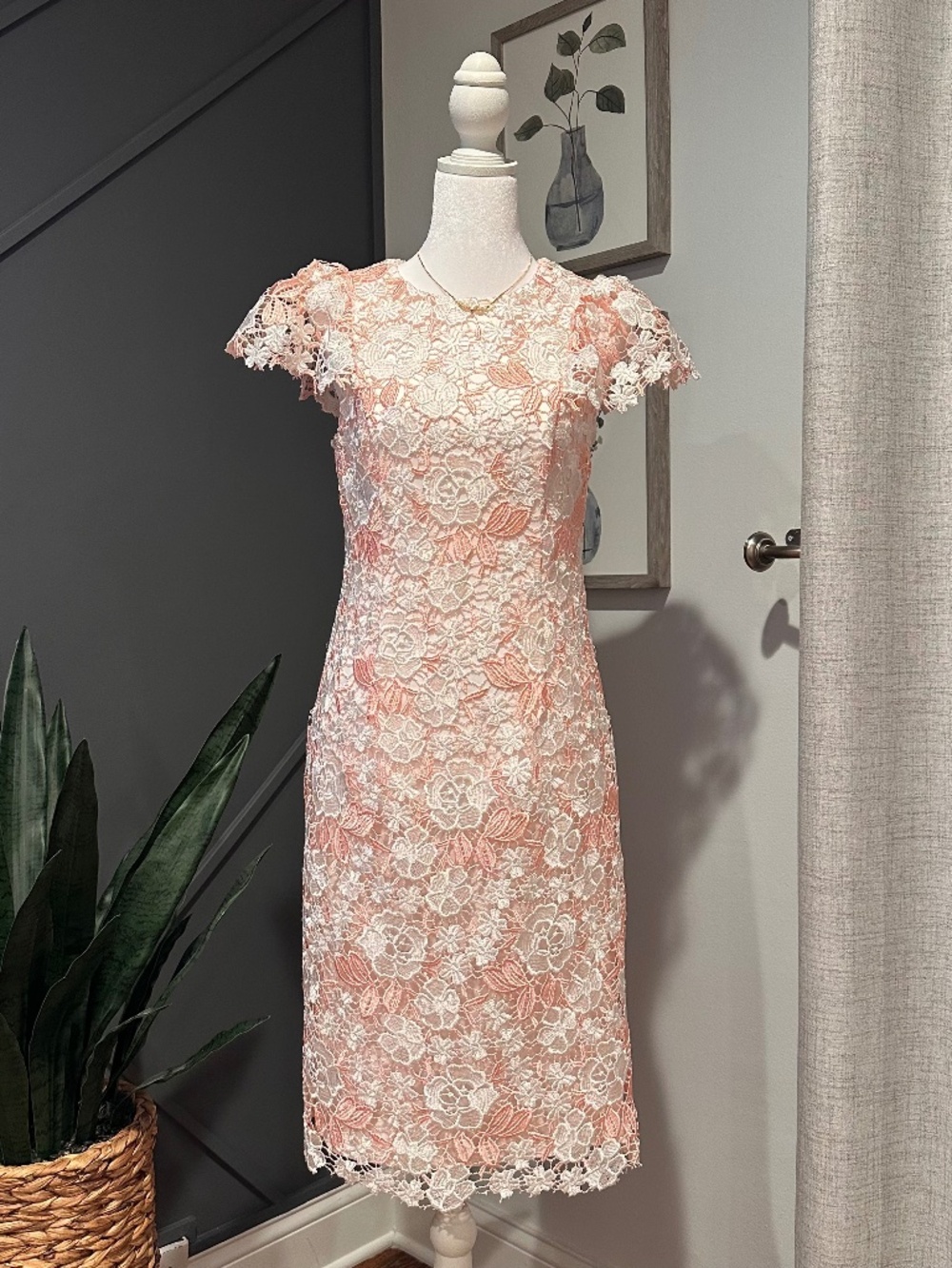 Calvin Klein Chic Elegant White Pink Lace Midi Dress Size 4